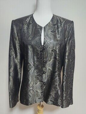Vintage Chapter Metallic Paisley Button-Front Jacket - Black & Silver